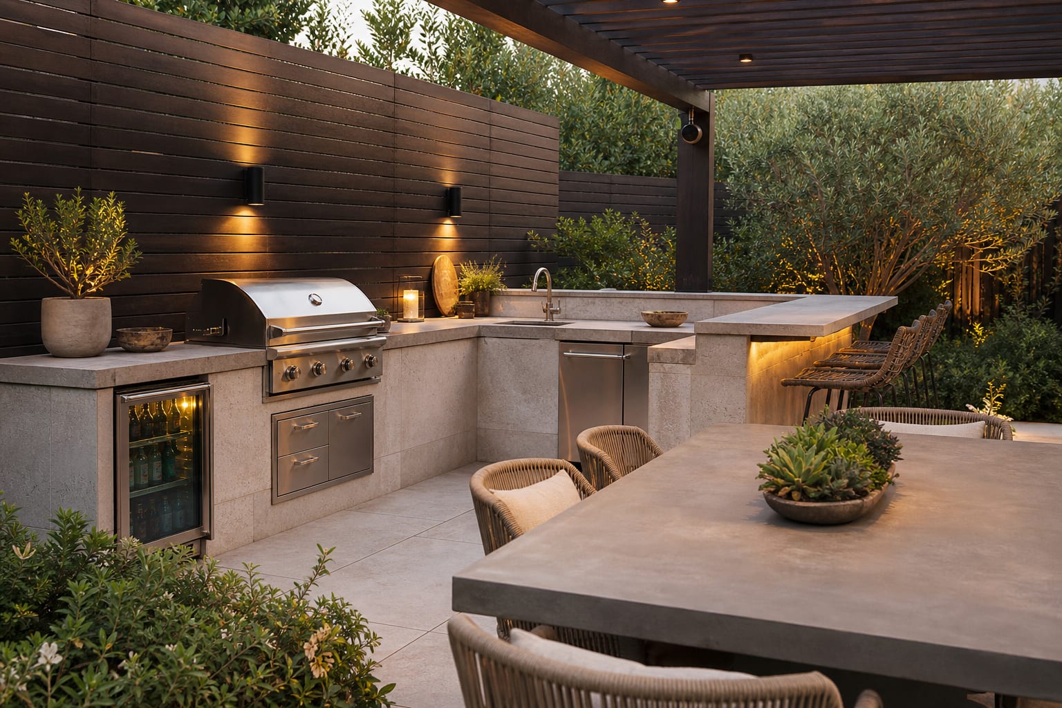 Outdoor kitchen station plan with grill, prep counter, beverage cooler, sink, trash pull-out, and serving ledge arranged around a patio dining area.