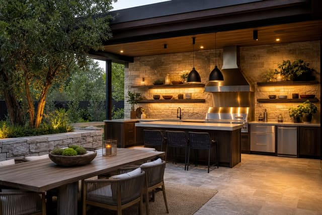 Outdoor Kitchen Layout Ideas: Work Triangles and Station Planning shown as a photorealistic outdoor redesign with layered materials, planting, lighting, and clear circulation