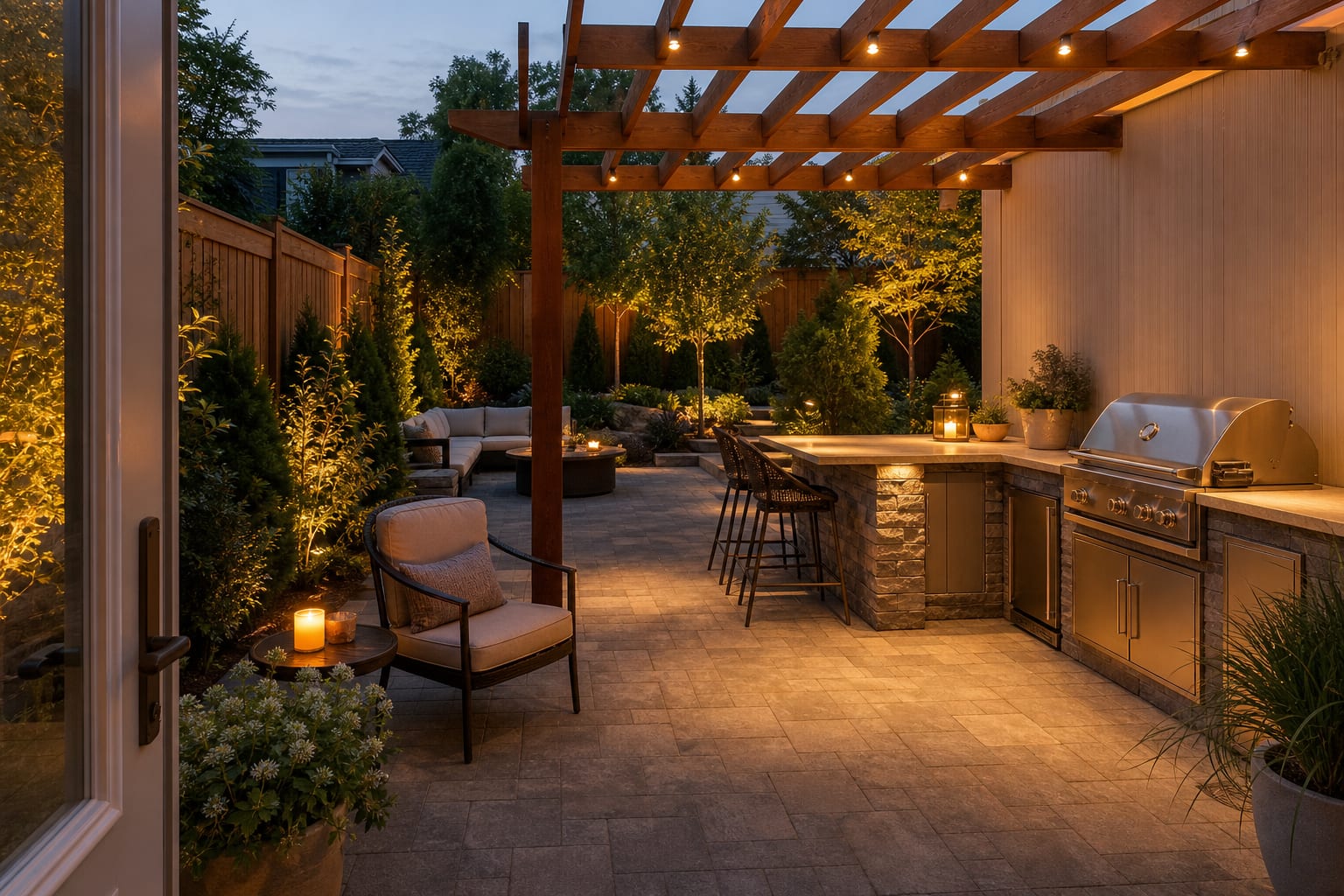 Same patio with a cedar pergola over an outdoor kitchen, stone counters, pendant lighting, and dining seats beyond the grill zone.