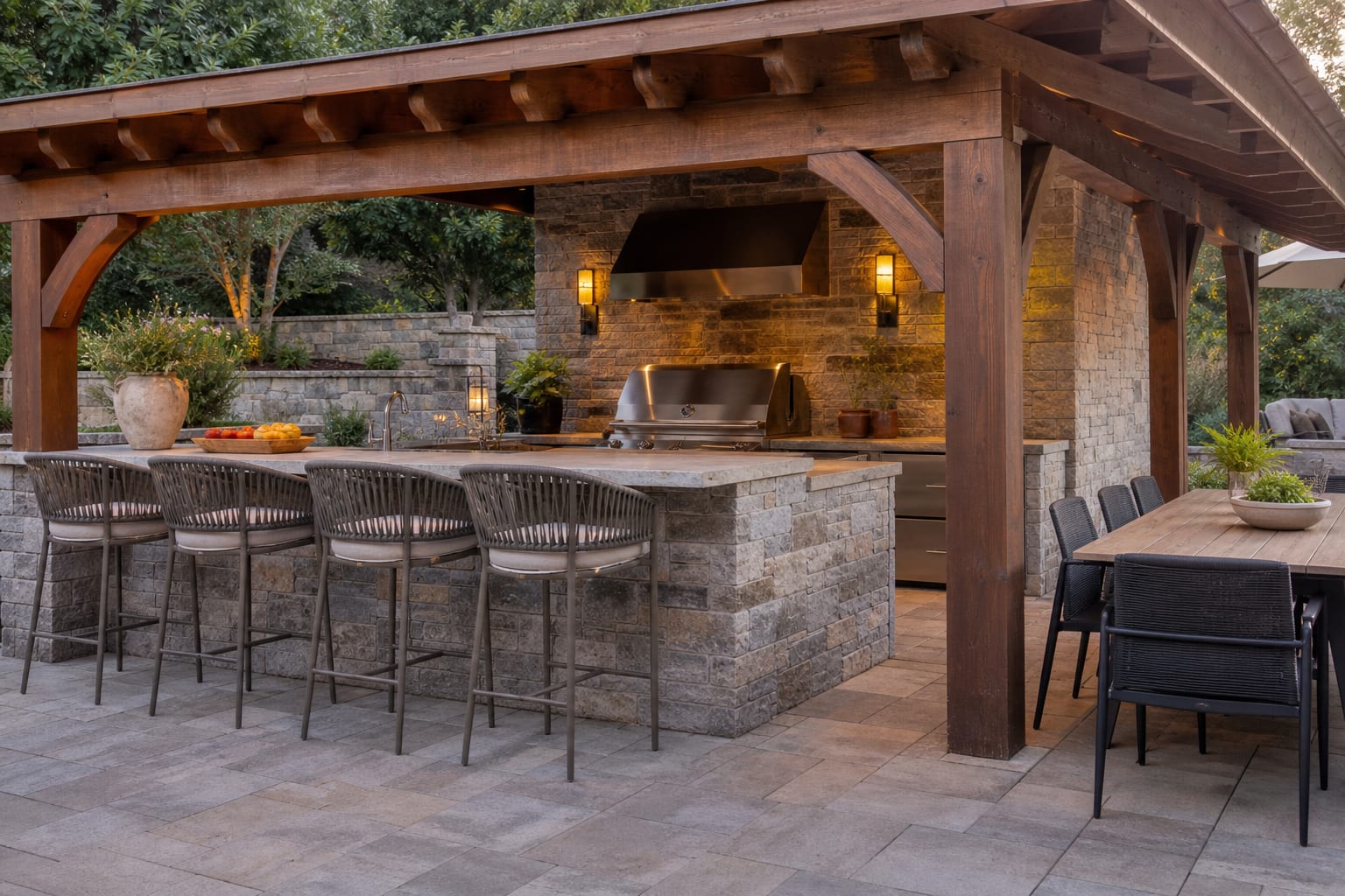 Outdoor kitchen beneath a cedar pergola with stone counters, a grill zone, warm sconces, and dining chairs on a paved patio.