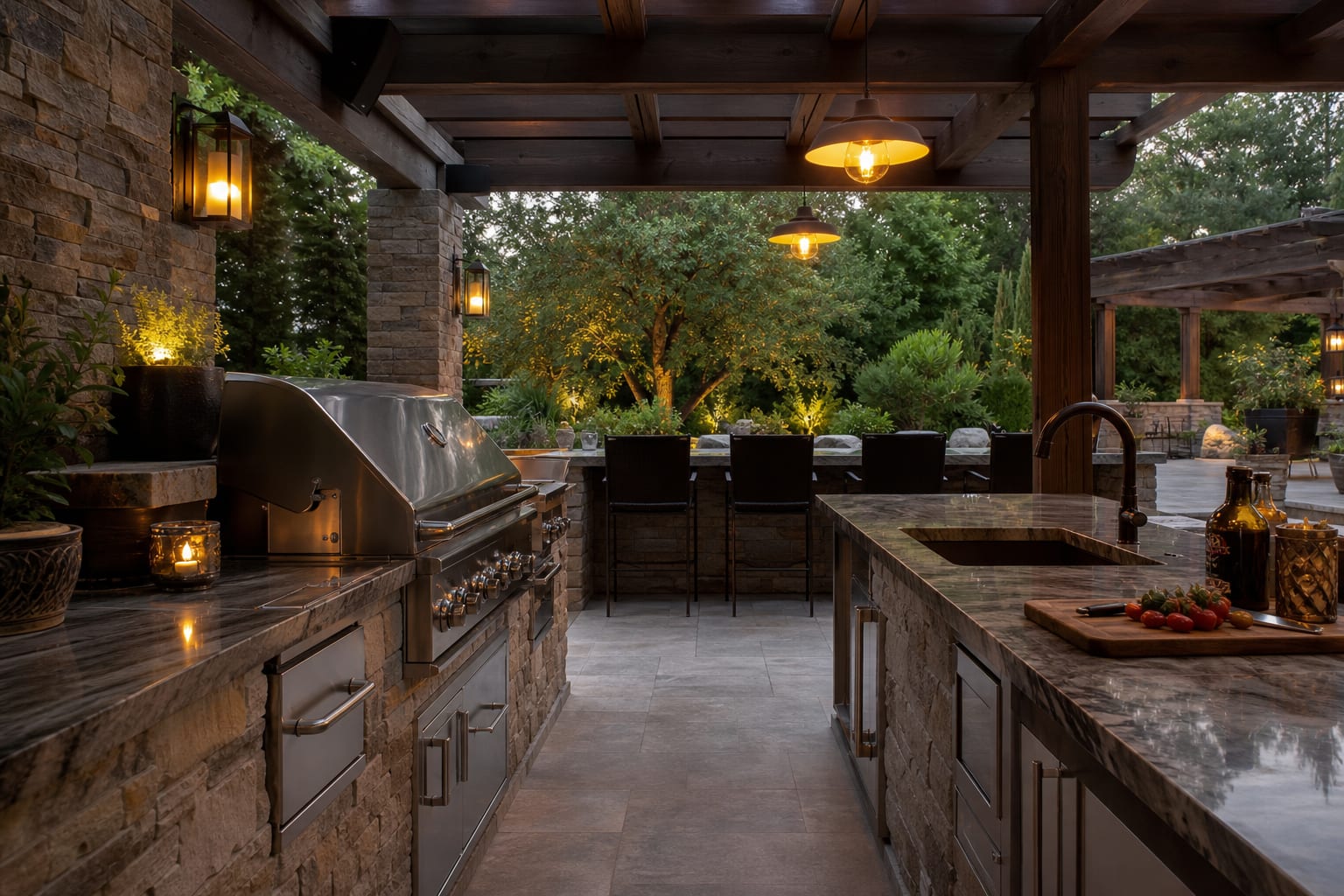 Pergola-covered grill island with clear prep space, bar stools beyond the smoke path, and warm task lighting over stone counters.