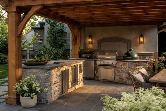 Outdoor kitchen beneath a cedar pergola with stone counters, a grill zone, warm sconces, and dining chairs on a paved patio.