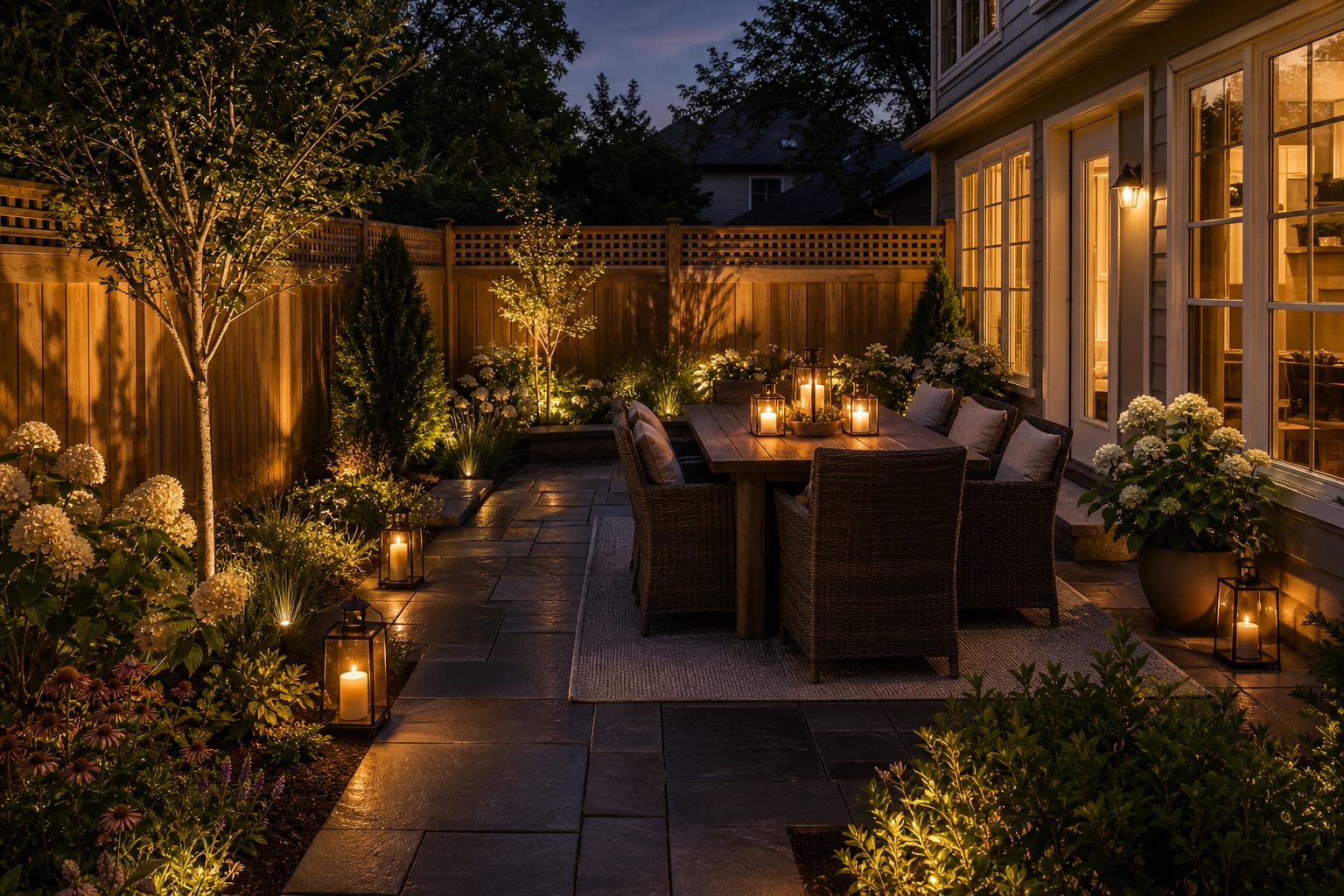 Same garden dining view with warm lanterns on the table, floor hurricanes by the path, candlelight near planters, and safer evening circulation.