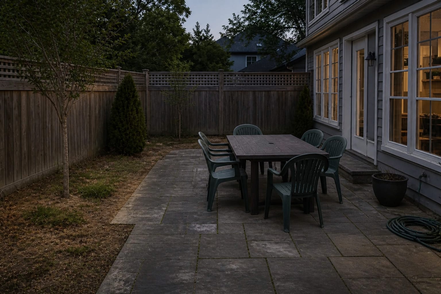 Garden dining table at dusk with dark paving, unlit planting beds, no path markers, and a patio that feels unfinished after sunset.