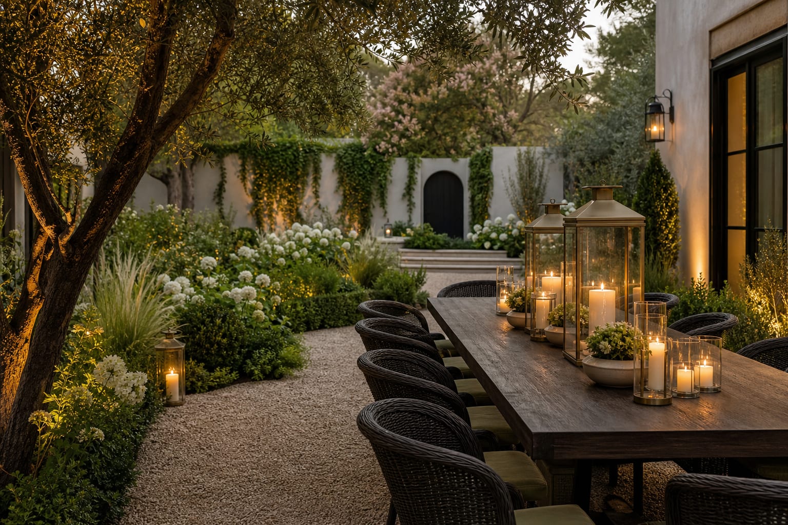 garden dining table with layered brass lanterns, glass hurricanes, gravel paths, and warm candlelight under trees