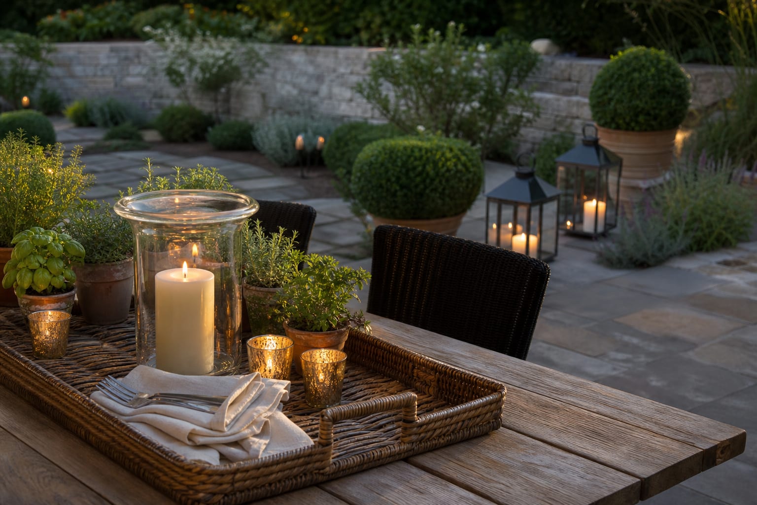 outdoor dining tray with hurricane candle, brass votives, herbs, linen napkins, and low lanterns beside stone paving