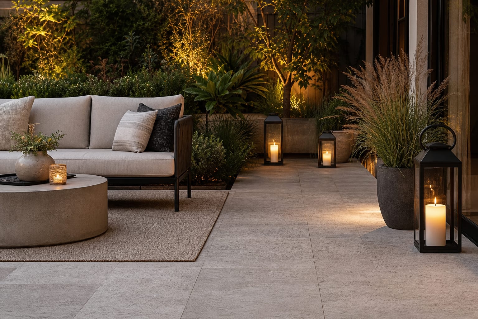 patio seating corner with black metal floor lanterns, warm flameless candles, potted grasses, and clear walking space