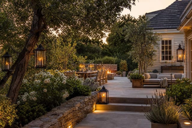 Outdoor Lantern and Candle Ideas: Ambient Light for Garden Evenings shown as a photorealistic outdoor redesign with layered materials, planting, lighting, and clear circulation