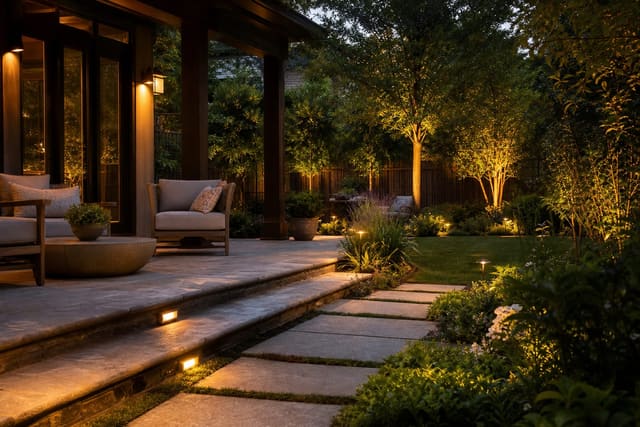 layered backyard lighting with low path lights, warm patio sconces, tree uplights, and a softly lit garden bed