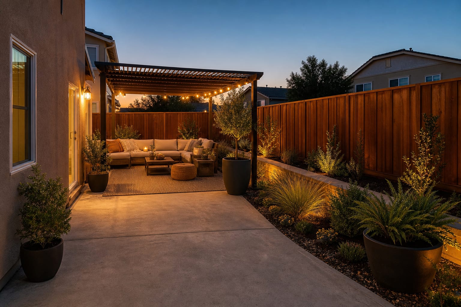 outdoor living room from the same angle with a sectional sofa, large rug, pergola shade, planters, side tables, and warm evening lights.