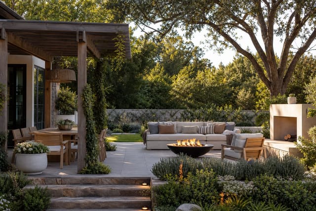 Outdoor Living Room Ideas: Designing a Space That Truly Extends the Home shown as a photorealistic outdoor redesign with layered materials, planting, lighting, and clear circulation