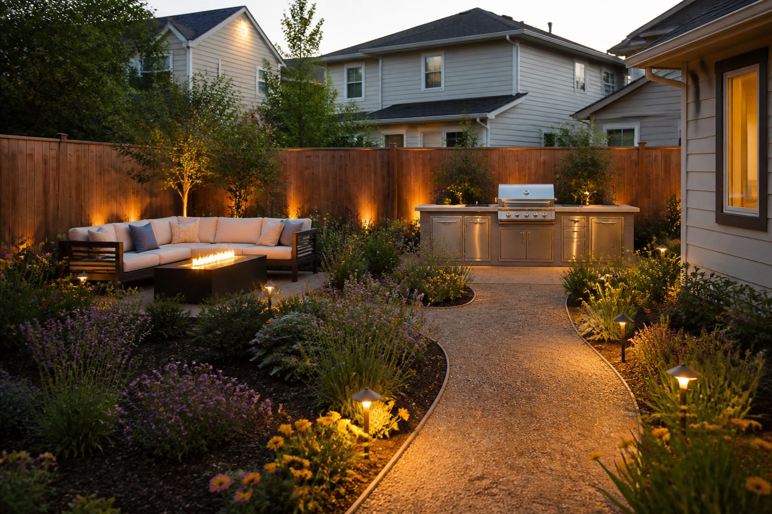 Same backyard with a built-in outdoor kitchen island, native planting beds, and an all-weather sectional