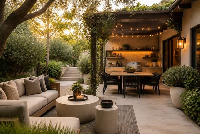 Outdoor Living Trends 2026: Kitchens, Biophilic Yards, and Comfort, shown as warm editorial outdoor Re-Design photography with believable residential scale, no overlaid text, no watermark