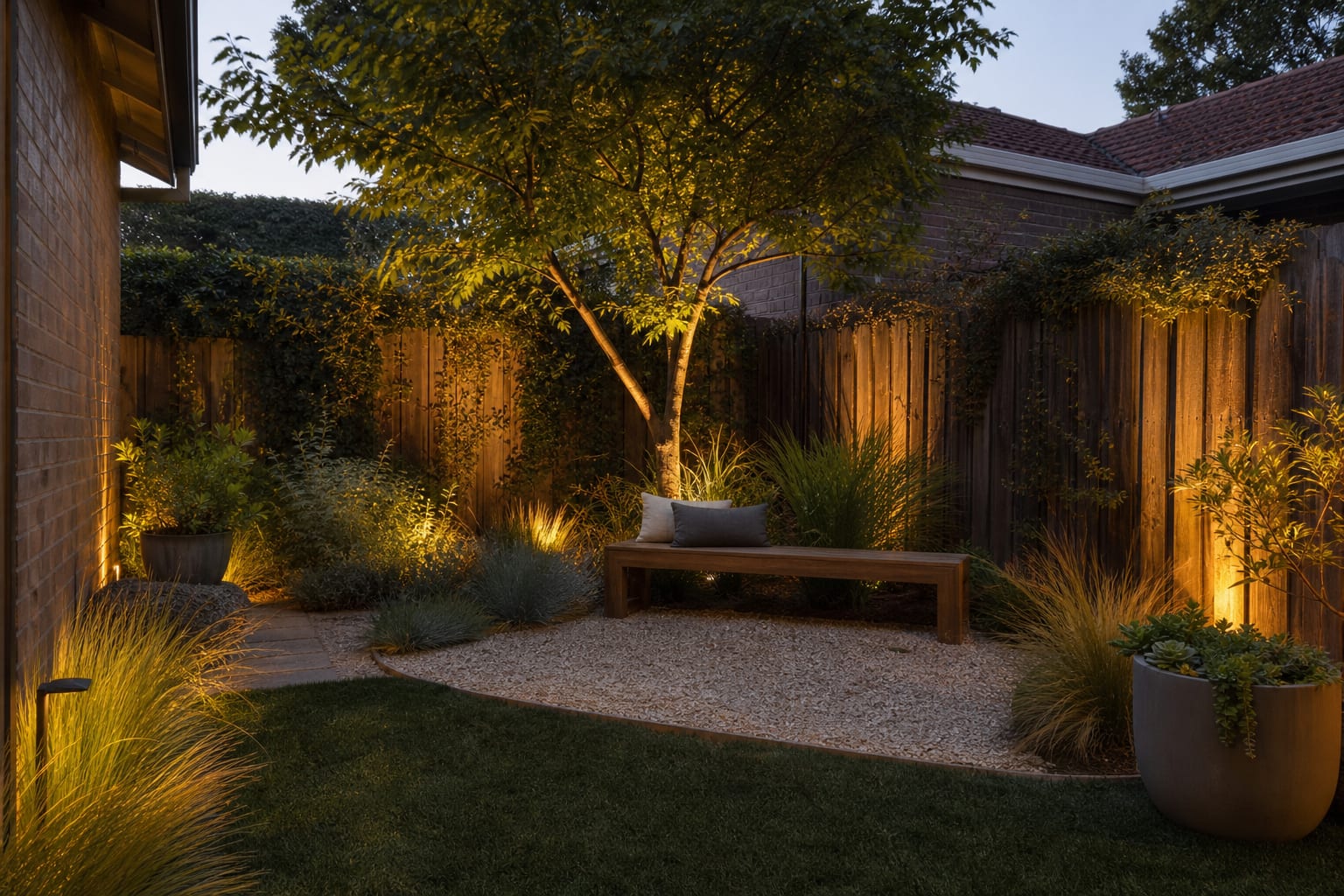 same backyard corner redesigned with gravel pad, low timber bench, layered grasses, small shade tree, and warm garden lights.