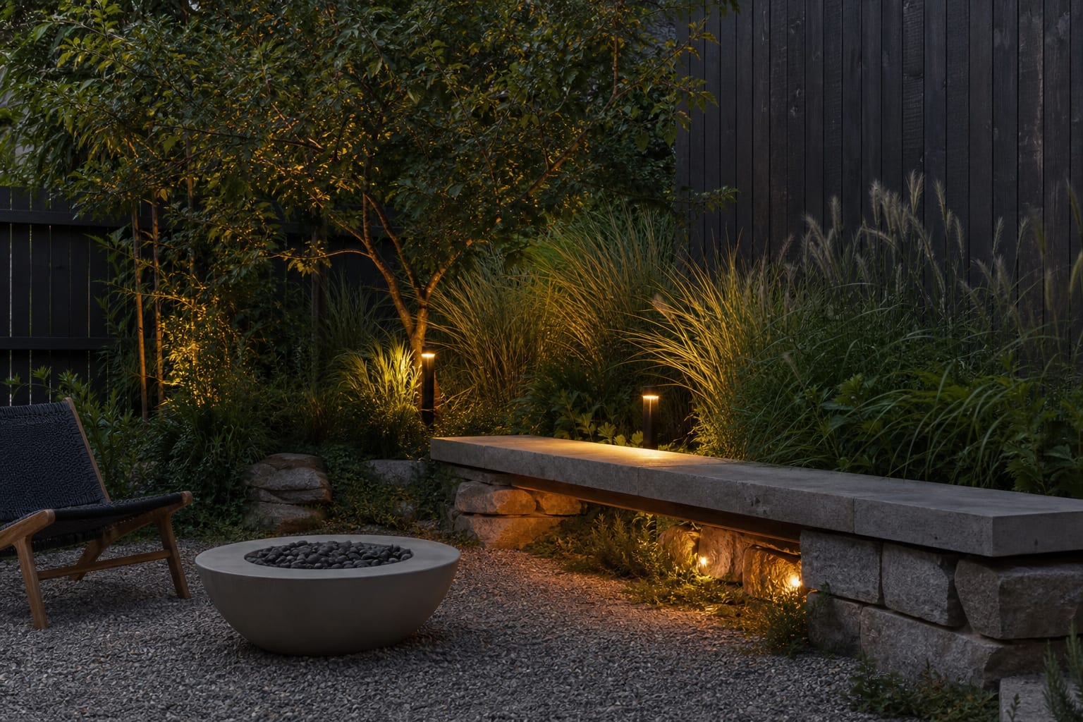 quiet backyard garden corner with low stone seat, layered grasses, small tree canopy, gravel floor, and warm low lighting