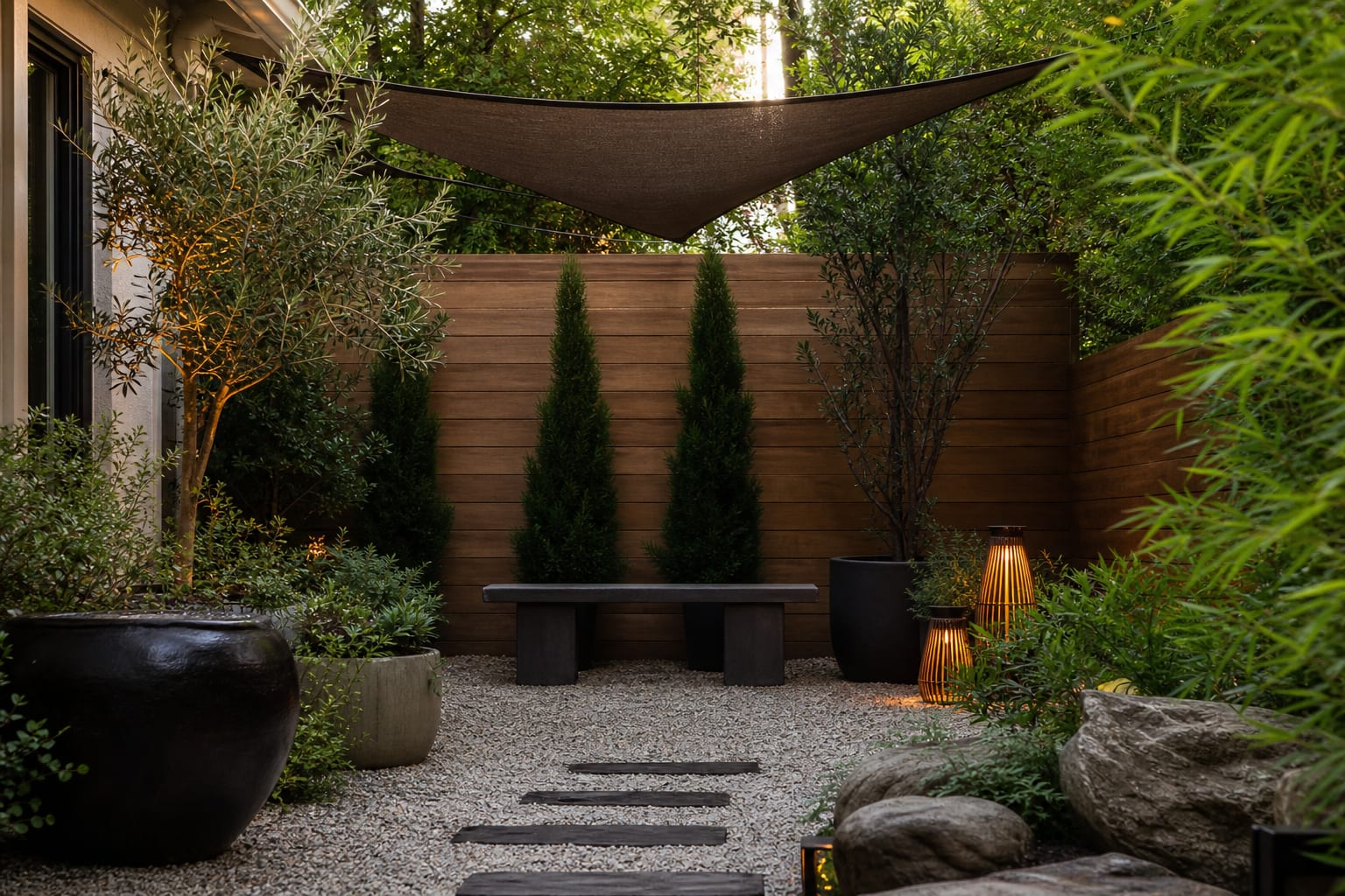 AI preview of backyard meditation corner with gravel floor, compact bench, potted evergreens, shade canopy, and warm path lights