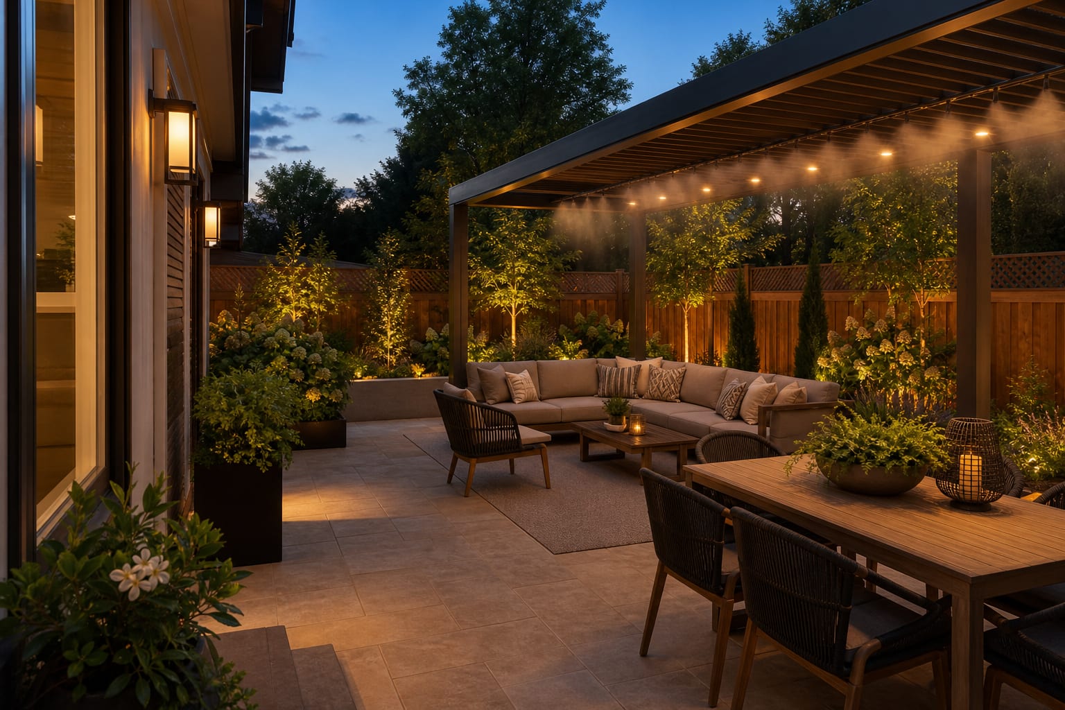 Same patio angle with shade, coordinated outdoor seating, a discreet misting line, and heat-aware planting around the edges.