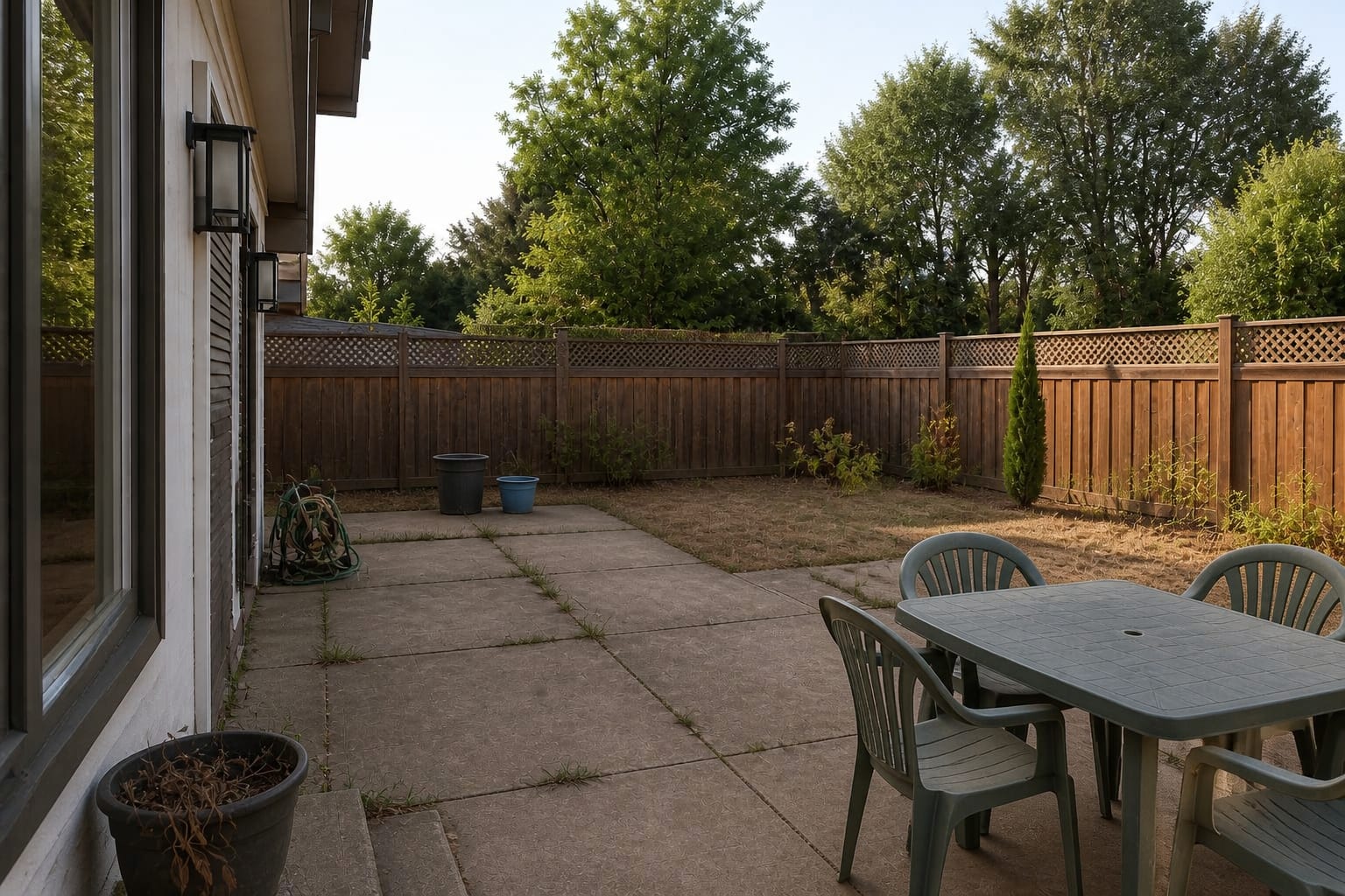 Under-designed patio with exposed paving, scattered chairs, no shade, and no cooling plan in direct summer sun.