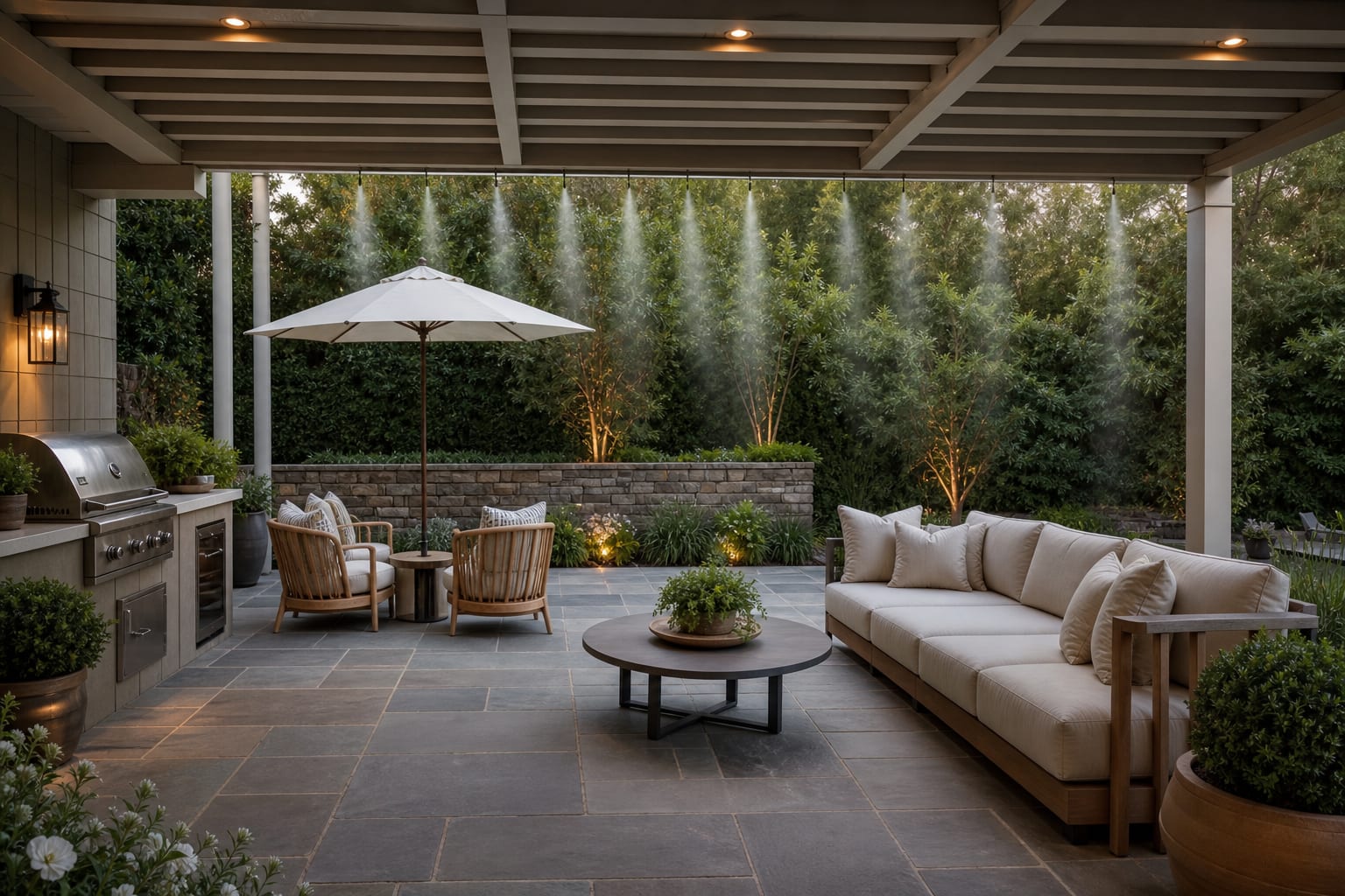 covered backyard patio with slim misting line, breathable outdoor cushions, shade umbrella, and slate paving