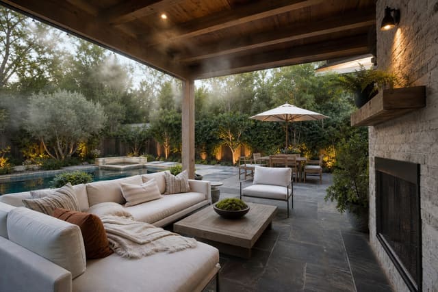 covered backyard patio with slim misting line, breathable outdoor cushions, shade umbrella, and slate paving