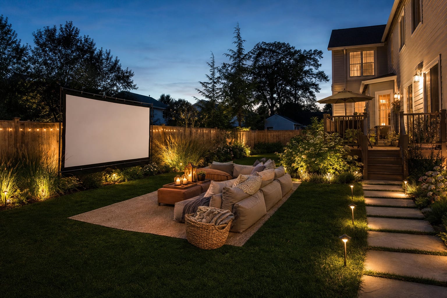 same lawn with a clean outdoor movie screen, low lounge seating, blanket storage, lanterns, and a safe cord route