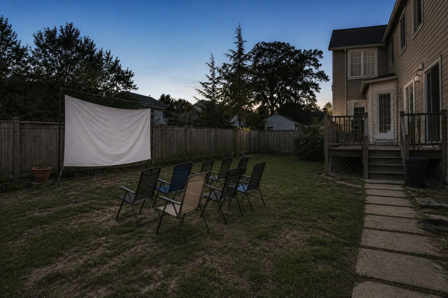 plain backyard lawn with folding chairs, a wrinkled sheet screen, visible cords, and no lighting or seating plan