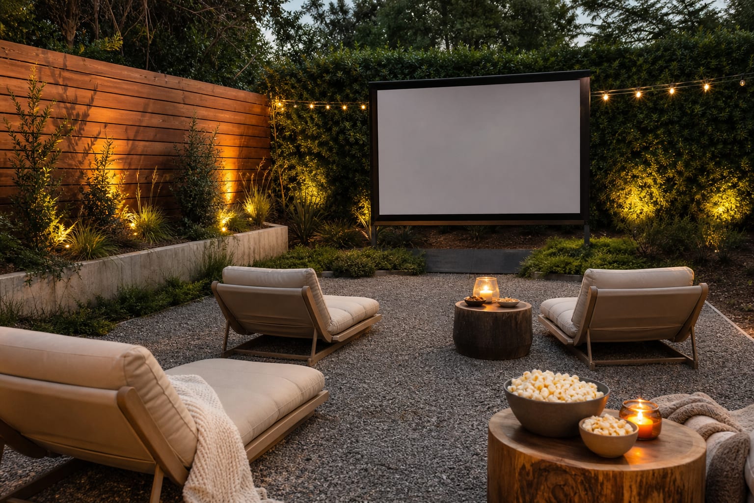 backyard movie setup with freestanding screen, low lounge chairs, warm path lighting, and a simple snack table on a gravel patio