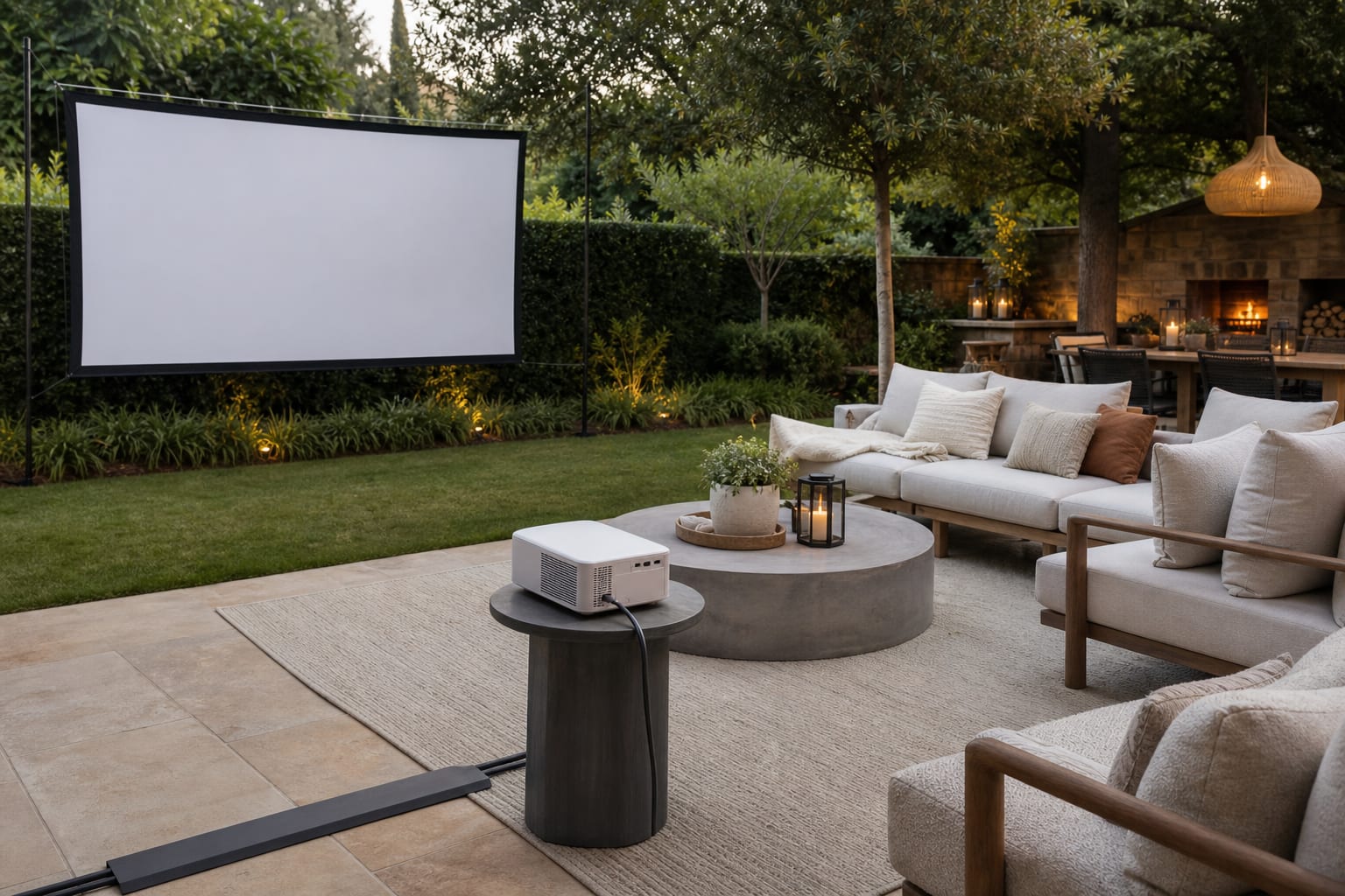 portable projector on a stable side table aligned with a taut outdoor screen, cable ramp, and grouped patio seating