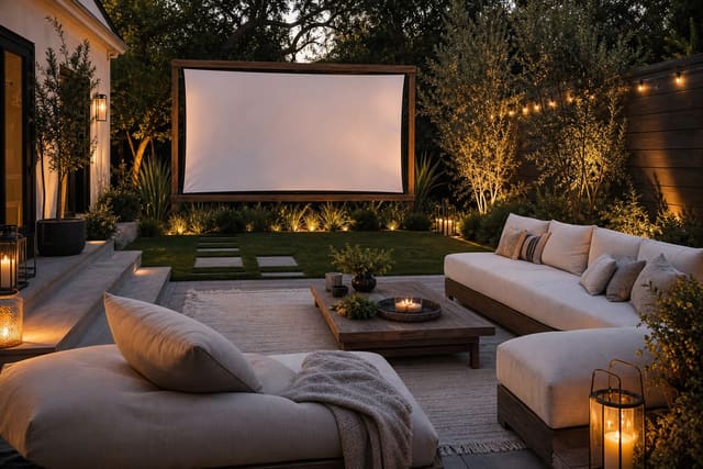 Outdoor Movie Night Ideas: DIY Screen and Projection Setup shown as a photorealistic outdoor redesign with layered materials, planting, lighting, and clear circulation