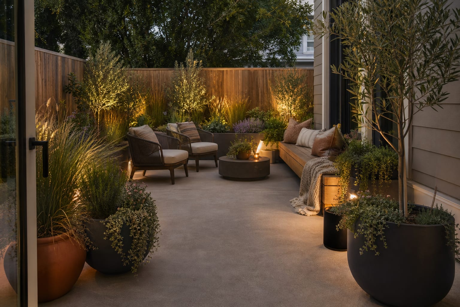 same patio with large charcoal and terracotta planters, layered grasses, trailing plants, herbs, and a defined seating corner