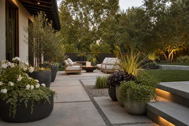 Outdoor Planter Ideas: Containers, Arrangements, and Statement Pots shown as a photorealistic outdoor redesign with layered materials, planting, lighting, and clear circulation