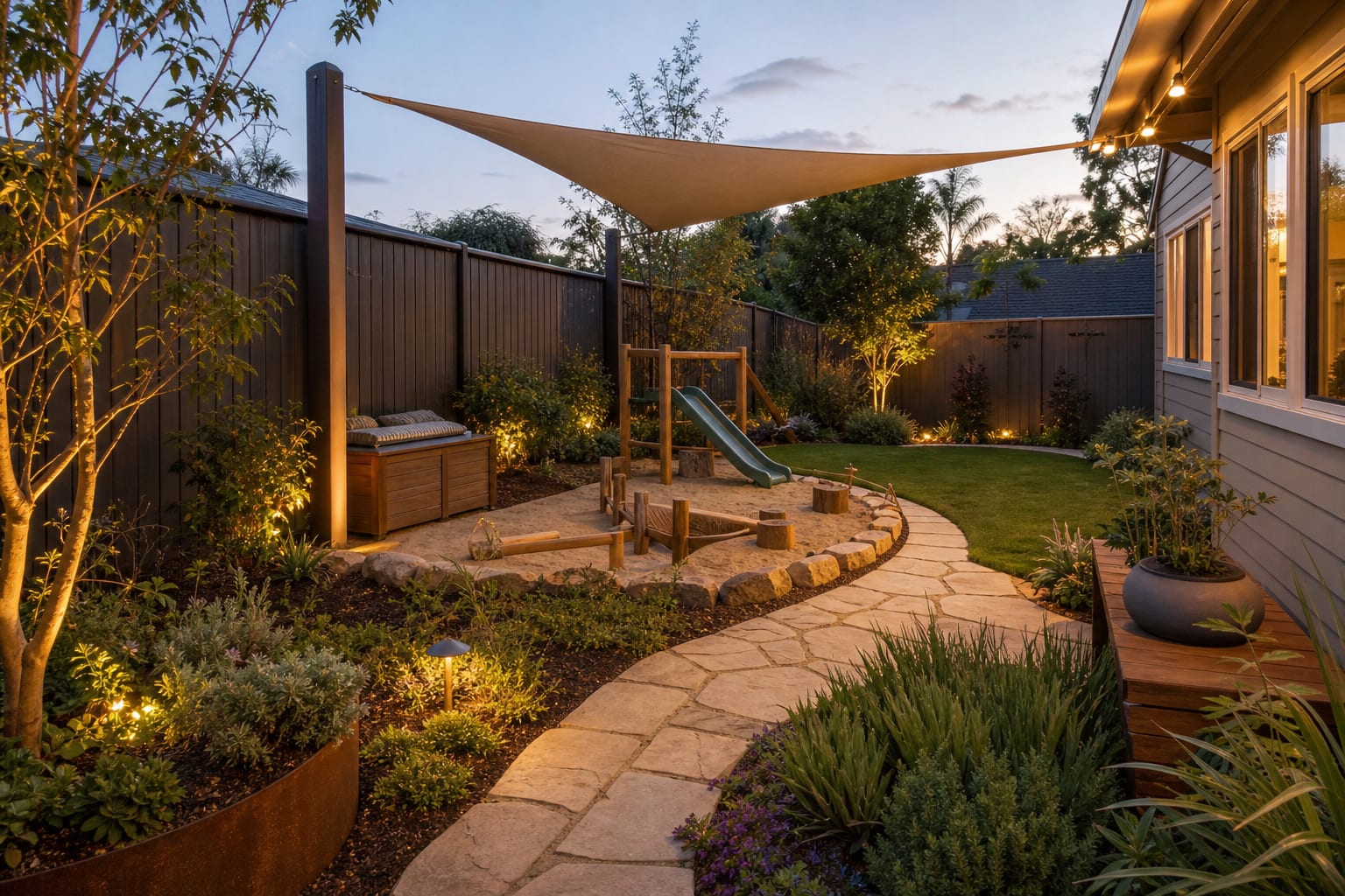 same backyard corner redesigned with timber play elements, soft play surfacing, shade sail, storage bench, paths, and layered planting