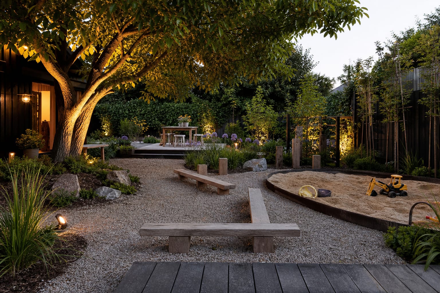 natural kids backyard play area with timber balance beams, sand pit, shade tree, gravel paths, and layered planting