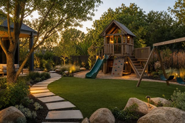 Outdoor Play Area Ideas: Beyond the Basic Plastic Playset shown as a photorealistic outdoor redesign with layered materials, planting, lighting, and clear circulation