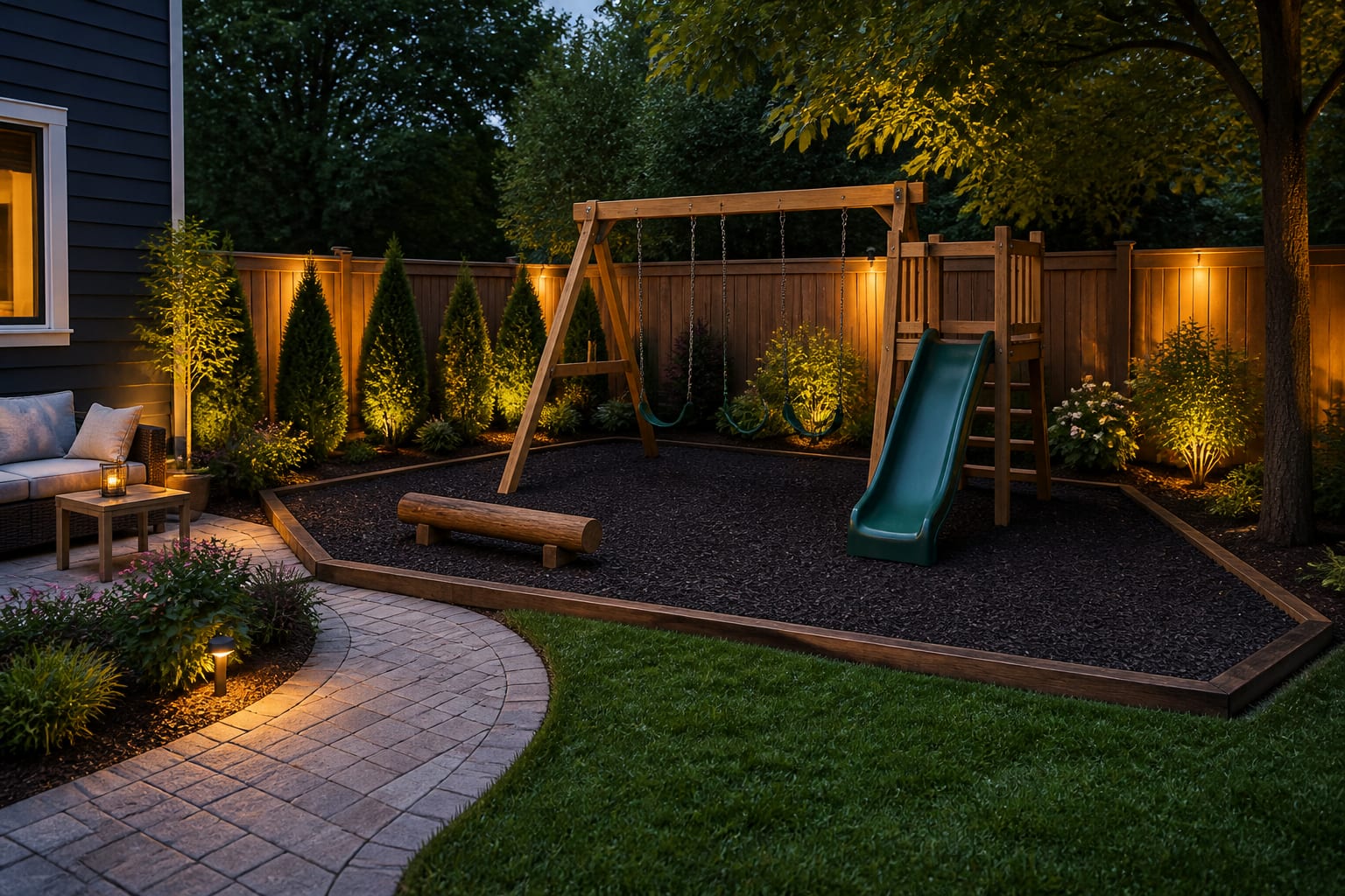 Same backyard corner with a cedar swing set, rubber mulch fall zone, and a low timber border after redesign