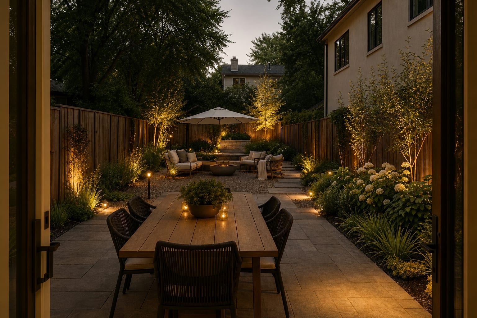 Same backyard redesigned with a paved dining area, gravel lounge, planted edges, pergola shade, and warm path lighting.