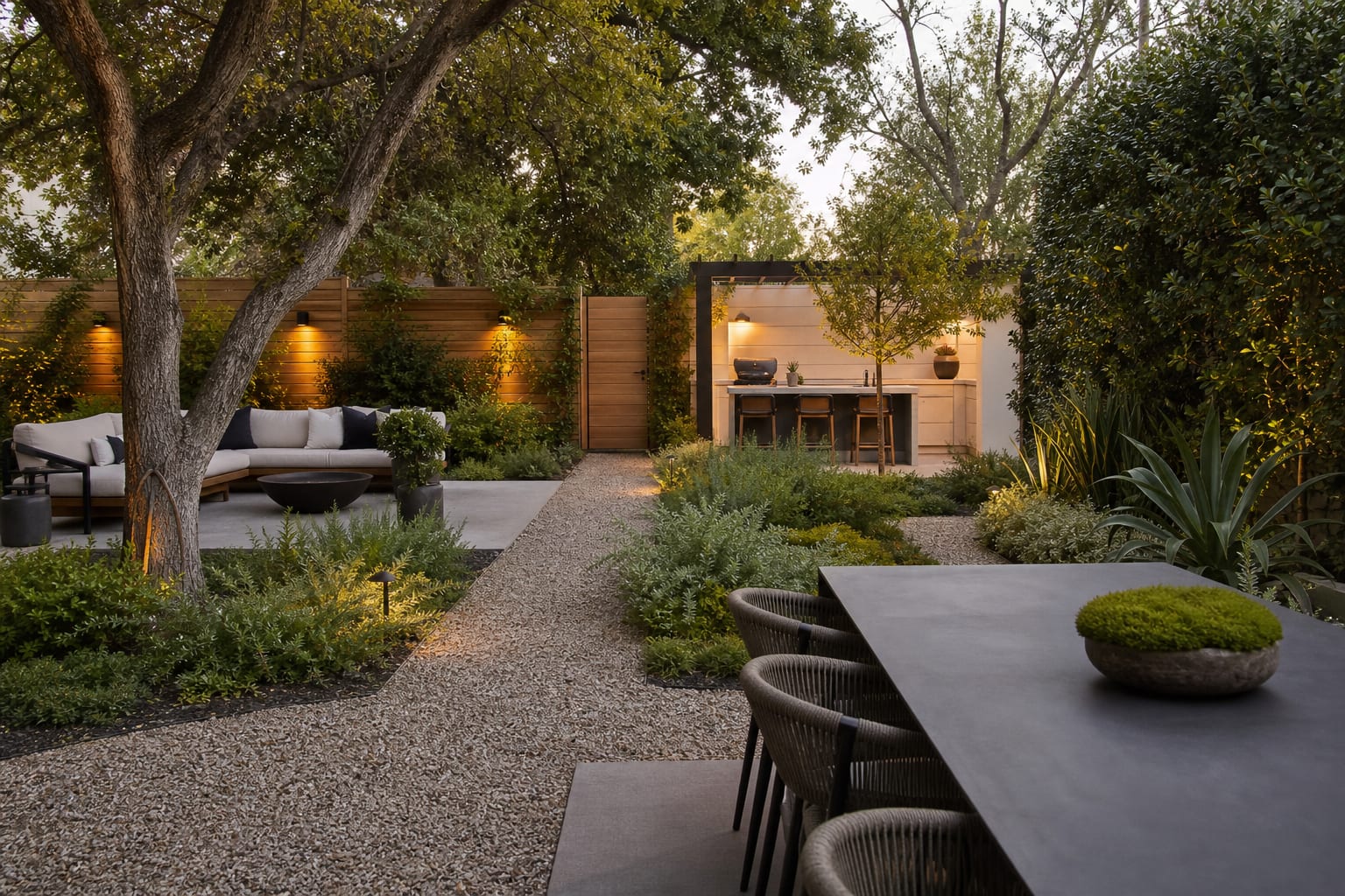 backyard divided into dining, lounge, and garden rooms with gravel paths, low planting, shade, and warm fence lighting