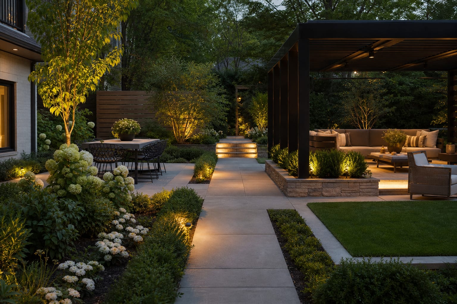 AI preview of the same backyard showing separate dining, lounge, and garden rooms with clear circulation and warm evening lighting