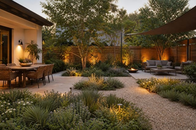 backyard divided into dining, lounge, and garden rooms with gravel paths, low planting, shade, and warm fence lighting