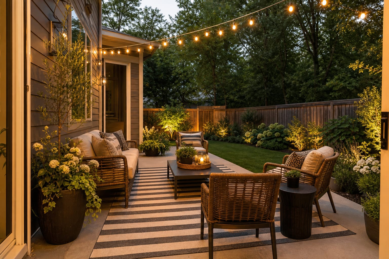 same patio with a large striped outdoor rug under the front chair legs, planters at the edge, and warm string lights overhead.
