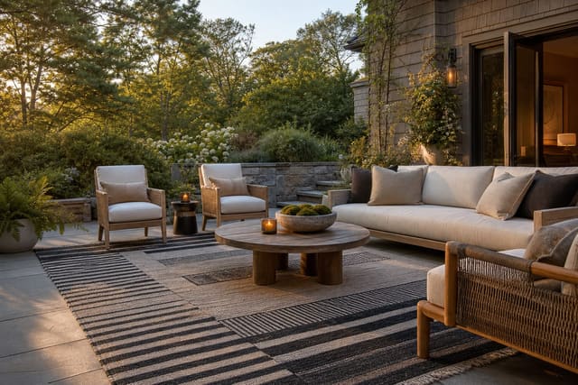 Outdoor Rug Ideas: Bringing Interior Style Outside shown as a photorealistic outdoor redesign with layered materials, planting, lighting, and clear circulation