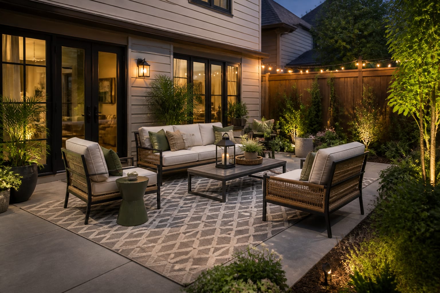 Same patio with a flat fade-resistant polypropylene rug anchoring a clean seating arrangement after redesign
