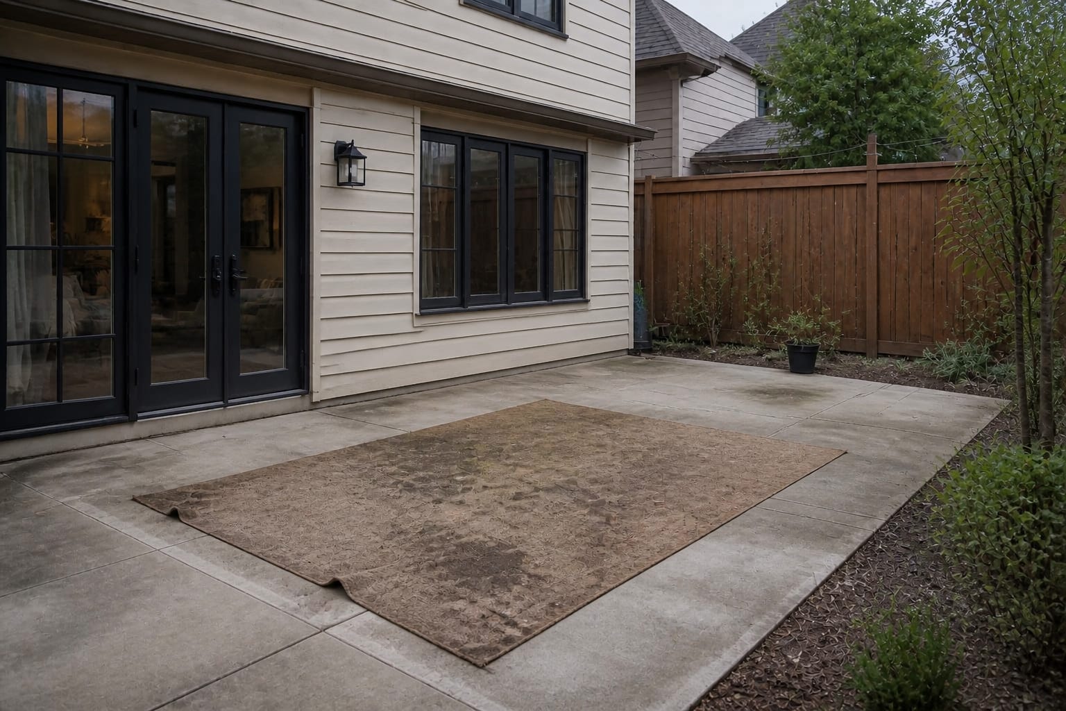 Patio with a mildew-stained curling jute rug that has rotted at the edges after rain exposure