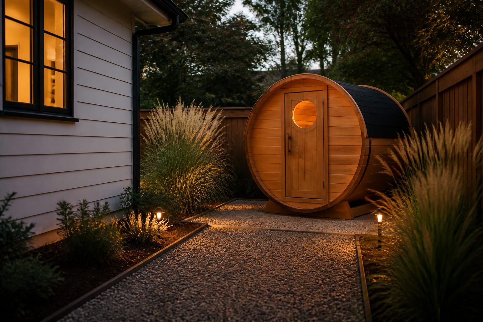 Cedar barrel sauna installed on a gravel pad in the same corner, flanked by ornamental grasses and warm string lighting