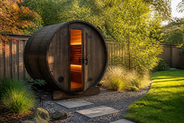 Cedar barrel sauna on a gravel pad in a landscaped backyard surrounded by mature trees