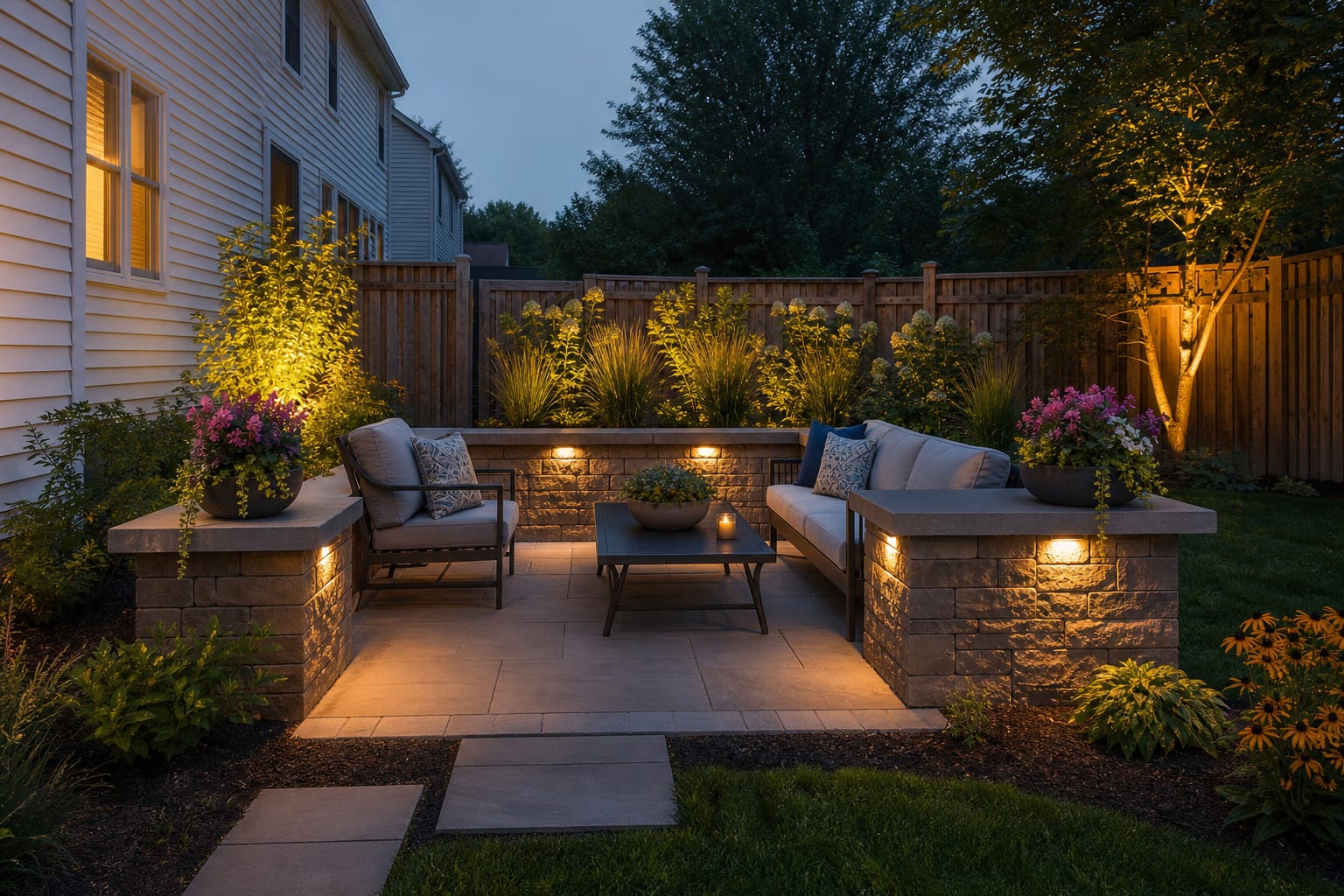 same patio corner redesigned with a low stone seat wall, capped bench seating, planters, and warm low-voltage lighting.