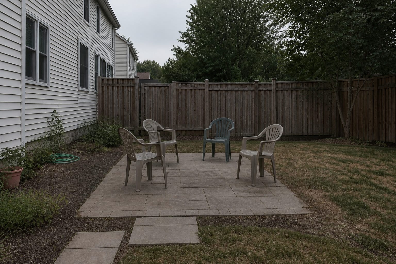 plain patio corner with scattered folding chairs, exposed mulch edges, and no built-in seating around the paved area.