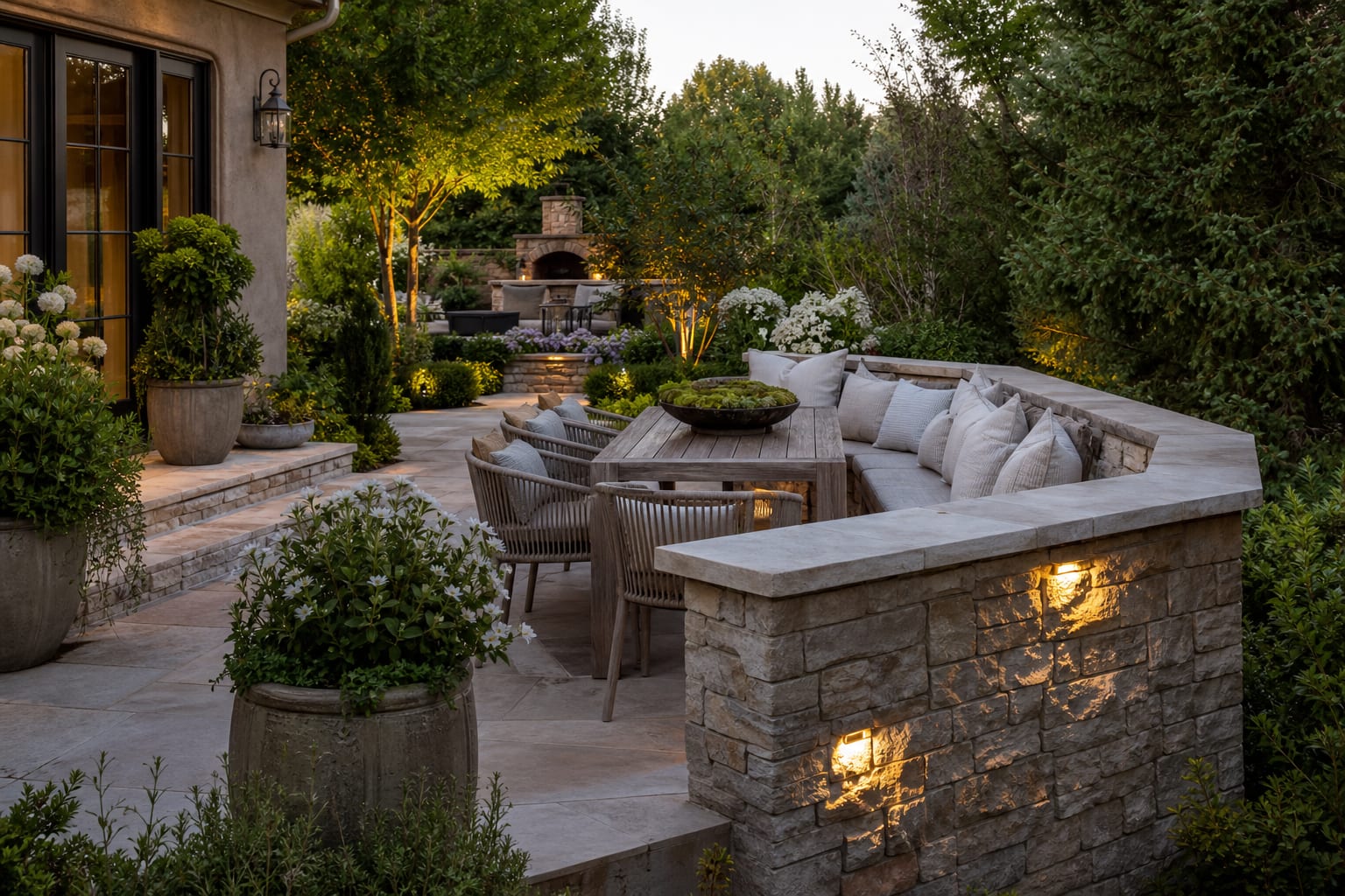 low stone patio seat wall wrapping a dining terrace with cushions, planters, and warm path lighting