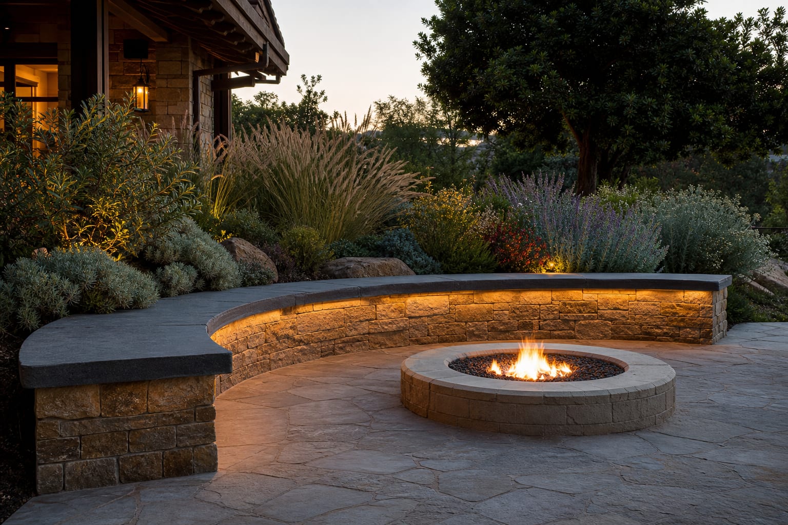 curved masonry bench outdoor with bluestone cap surrounding a gravel fire pit and layered drought-tolerant planting
