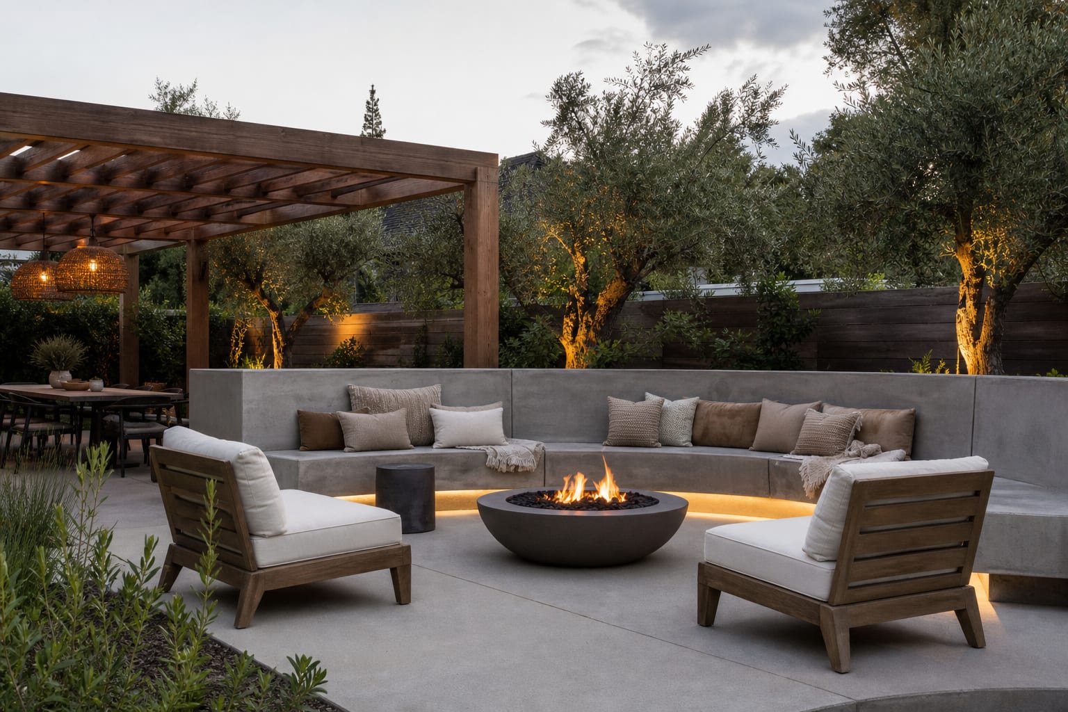 modern patio with poured concrete seat wall, wood pergola, olive trees, and cushions arranged around a low fire bowl